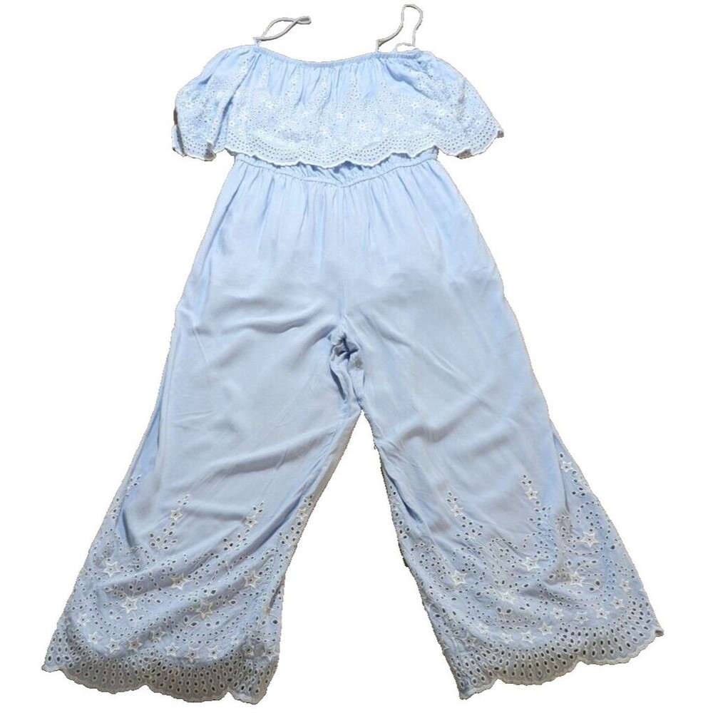 Topshop Jumpsuit Women's Blue Eyelet Viscose Spaghetti Straps Size 8